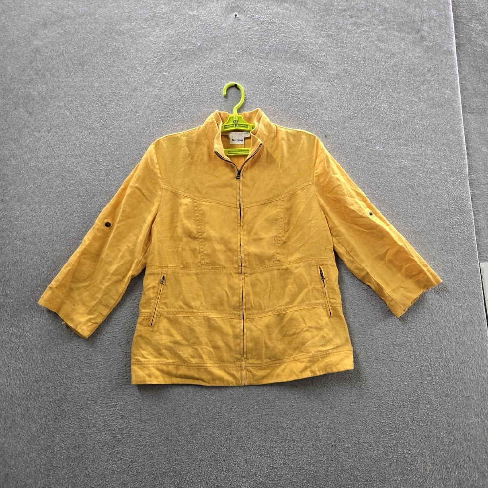 Coldwater Creek Women Jacket M Yellow Linen Zipper 3/4 Sleeve Coastal Beach READ